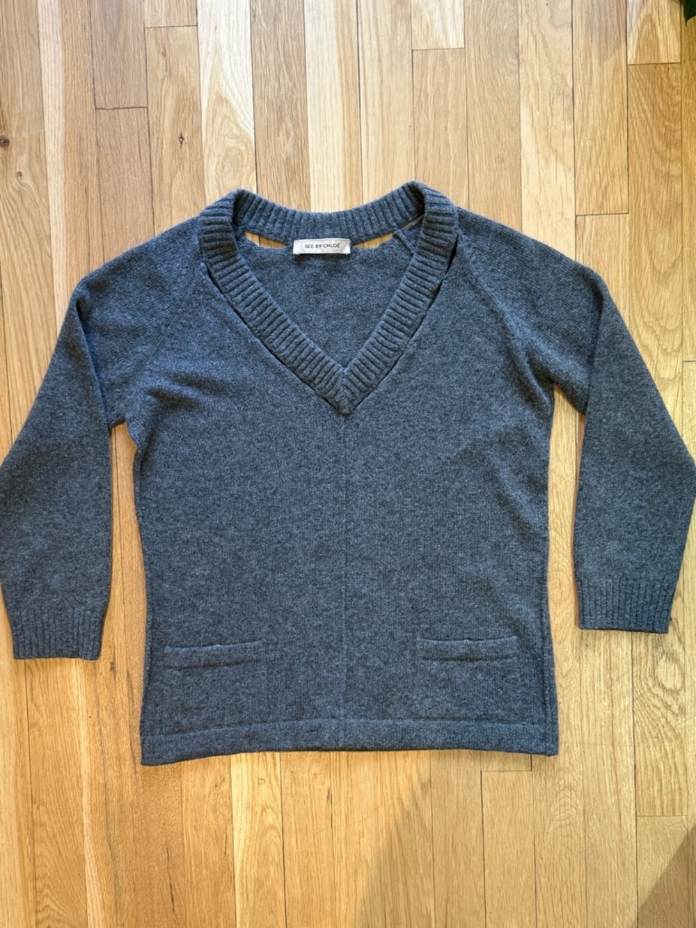 See By Chloe Charcoal V-Neck Pocket Sweater